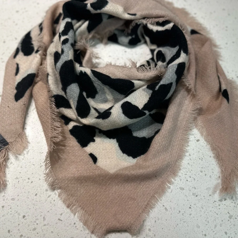 Soft Taupe Leopard Print Scarf | Oversized Fringe Wrap
